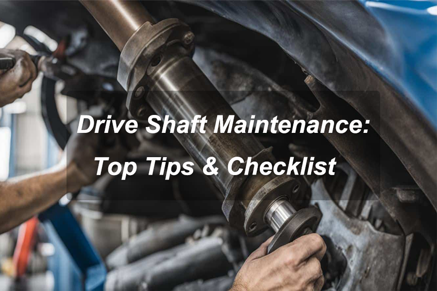 Mechanic inspecting and working on a vehicle drive shaft assembly during maintenance in an automotive repair workshop