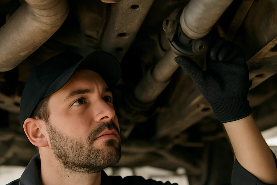 The picture shows a man inspecting the driveshaft.