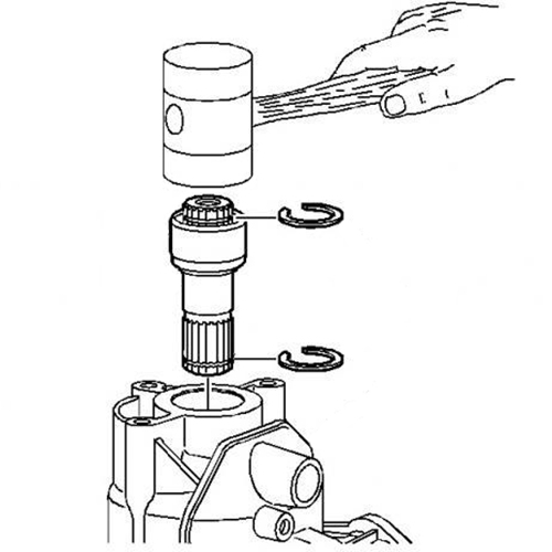 Stub shaft installation diagram showing spline engagement and snap ring placement