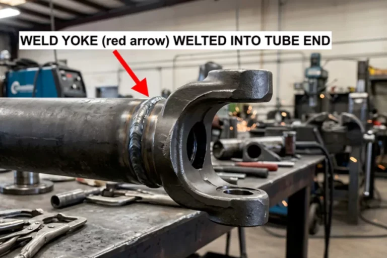 A driveshaft weld yoke (red arrow) that is welded into the tube end to attach a U‑joint.